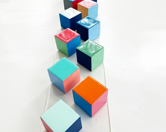 Modern Wood Wall Art, Geometric Rainbow Sculpture, Resin Finish Cubes, Long Narrow Contemporary Decor