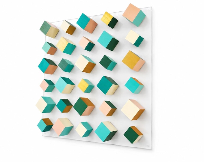 Modern 3D Wood Wall Art, Hand Painted Geometric Cubes, Colorful Acrylic Panel, Contemporary Sculpture, Floating Decor