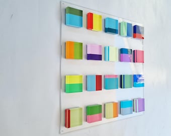 Hand painted acrylic blocks, Geometric wall art, modern decor, Floating transparent 3D art. Happy and bold wall sculpture. Customizable art
