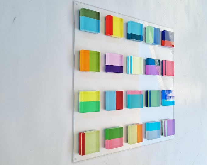 Hand painted acrylic blocks, Geometric wall art, modern decor, Floating transparent 3D art. Happy and bold wall sculpture. Customizable art