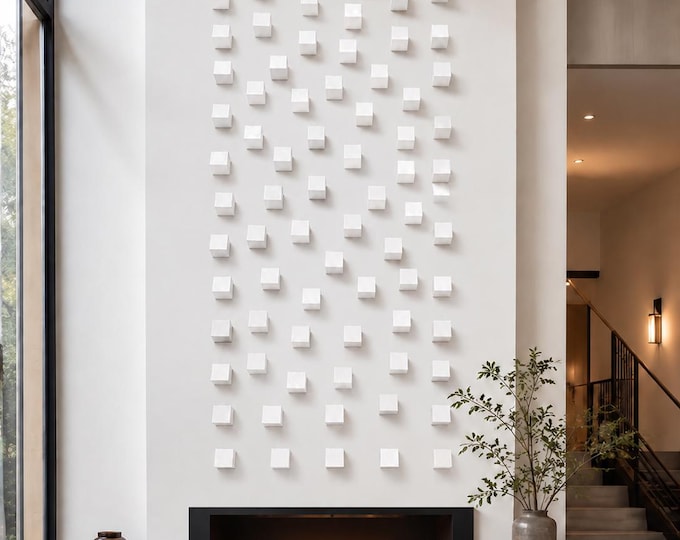 Build Your Own Wall Art, Floating White Cubes, Modern 3D Geometric Installation, Handmade Wooden Decor