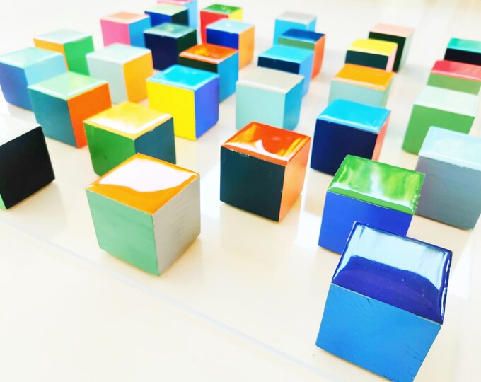 Modern 3D Wooden Wall Art, Hand painted Resin Cubes, Colorful Geometric Sculpture, Acrylic Decor, Contemporary Interior, 24x24"