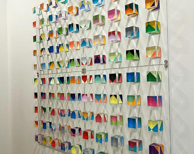 Large 3D Wall Art Installation – Hand-Painted Transparent Cubes on Acrylic Glass Panels, Custom Modern Wall Sculpture, 48” x 48”