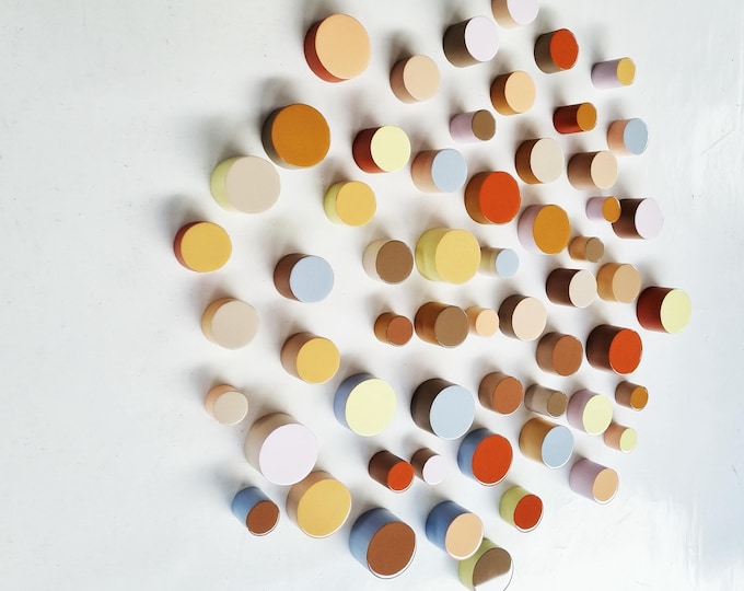 PACKS of hand painted neutral color cylinders. High quality, shiny epoxy resin top face. Choose the number of wall art Cylinders ©