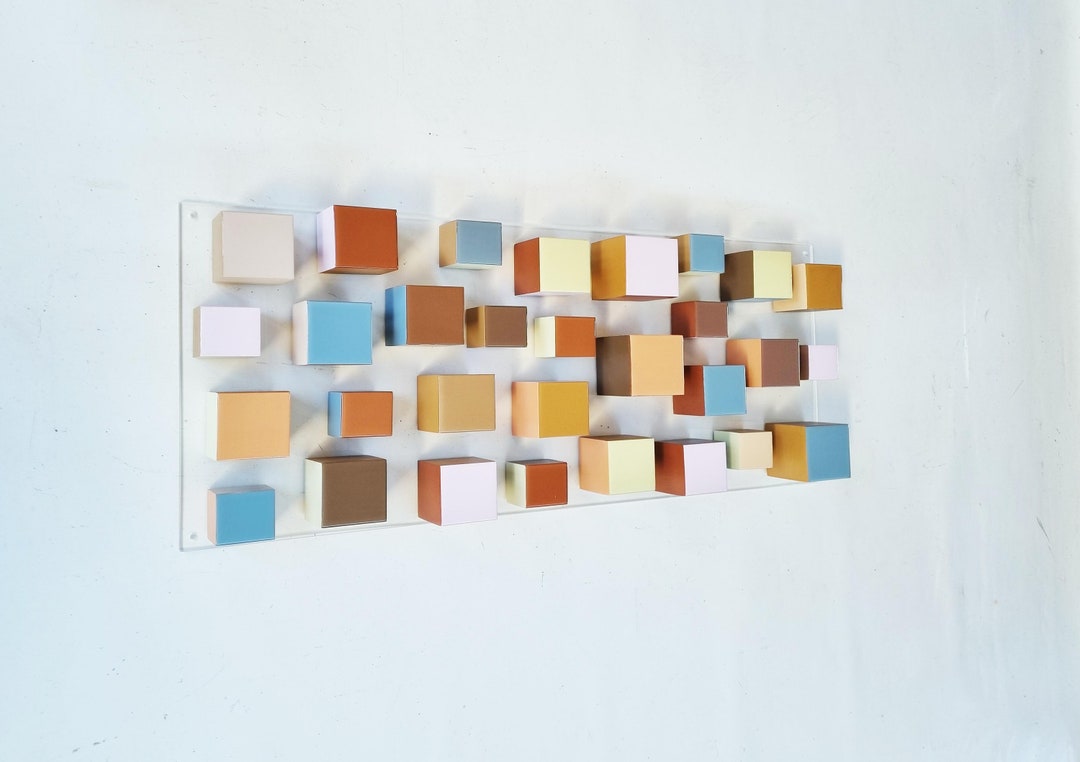 Wood Cube Art in Neutral Colors. Hand Painted 3d Wooden Blocks With