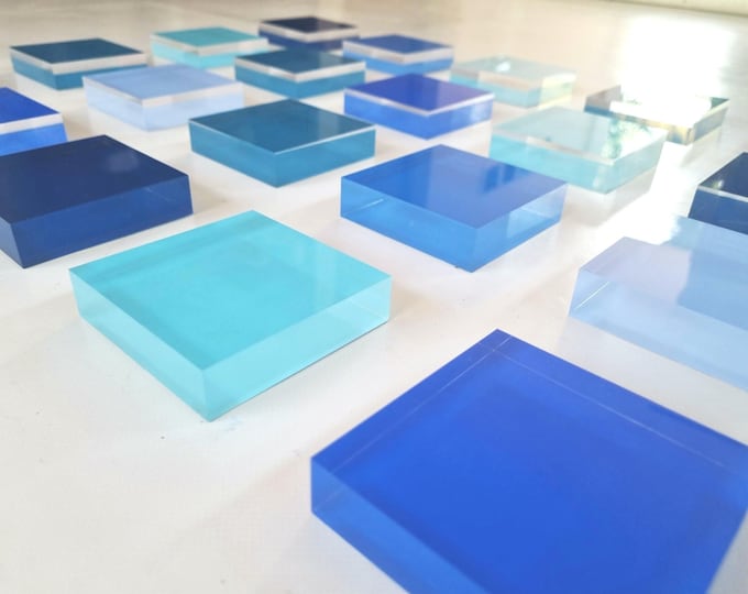 3D Blue Acrylic Cube Set,  Modern decor Wall Art, Hand-Painted Blue Transparent Cubes (3x3x1”) , Customizable color and sizes