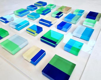 3D acrylic Cube Wall Sculpture. Hand Painted Blue colors. Modern Geometric Art