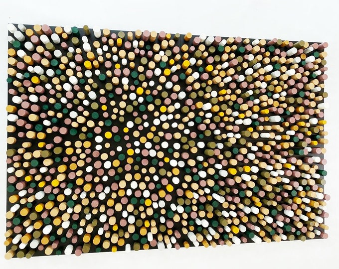 Large wood wall art, Sculpture dowel wood art, 3D installation. Hand painted with natural colors. Wooden Slices. Circles wall deco. Big Art