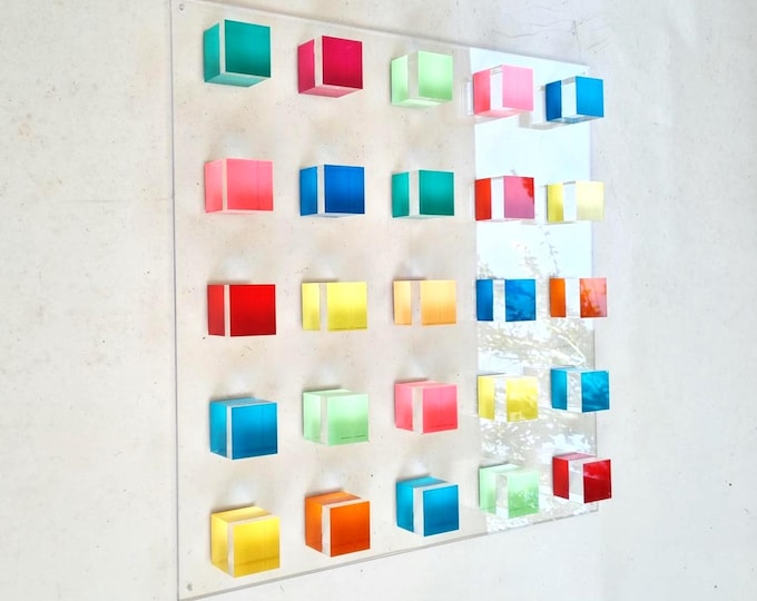 Hand Painted Acrylic Cube Wall Sculpture: Modern Minimalist Art