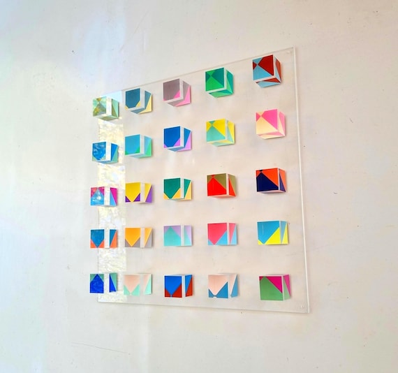 Hand painted clear cubes. Wall decor blocks, 3d translucid cube art. Bold geometric art. Acrylic cubes on Lucite glass panel.