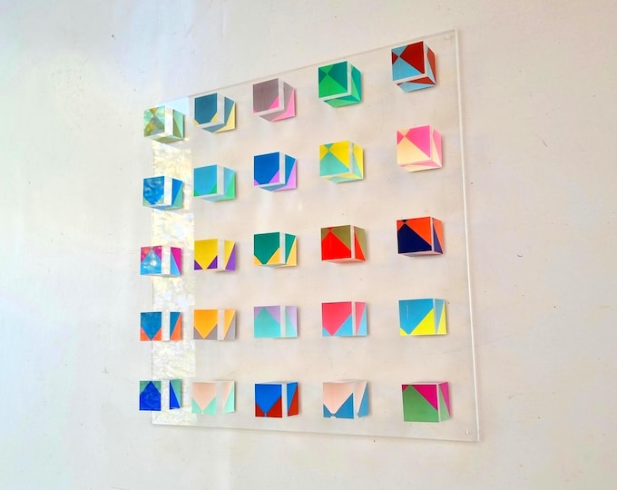 Hand-Painted Acrylic Cube Wall Decor, Geometric Pop Art, Lucite Panel
