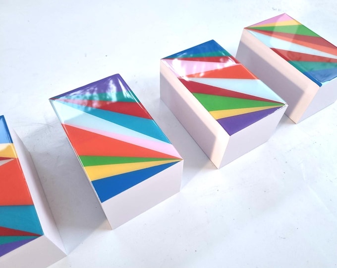 Hand-Painted Geometric Wooden Blocks with Resin Finish | Modern 3D Wall Art | Colorful Pop Art Decor