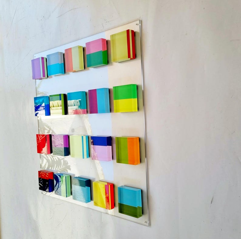 Hand Painted Acrylic Blocks, Floating 3D Geometric Wall Sculpture, Custom Lucite Installation, Colorful Modern Decor image 7