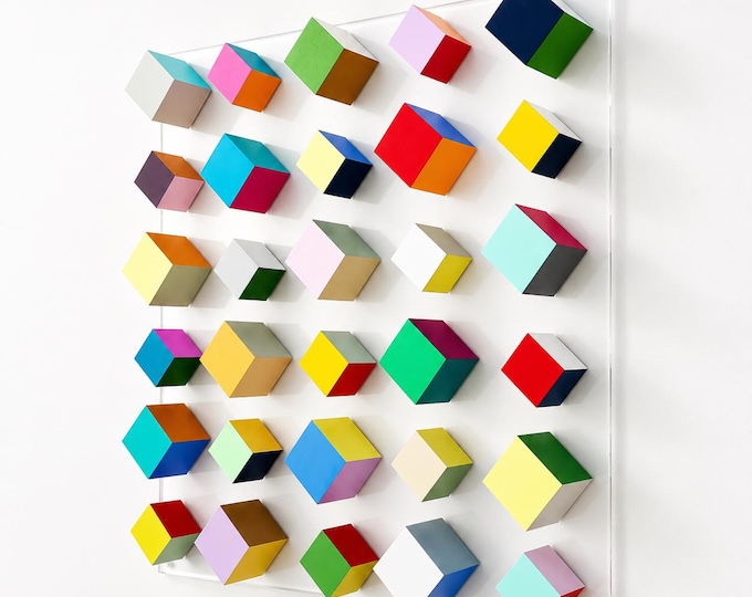 Bold Geometric Wall Installation, Handcrafted Wooden Cube Mosaic, Contemporary Acrylic Artwork