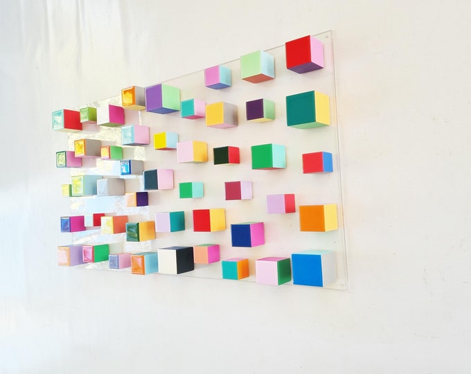 Wood wall art in happy and bold colors. 3d wooden cubes with resin on top face. It can be hung vertically or horizontally. Modern art©