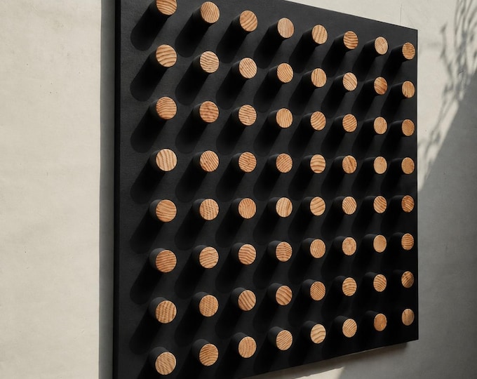 Large 3D Wood Wall Art, Black Geometric Cylinder Sculpture, Handmade Modern Decor, Natural Wood Panel