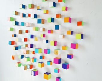 Modern Wood Cube Wall Art: Colorful Resin Finish 3D Sculpture