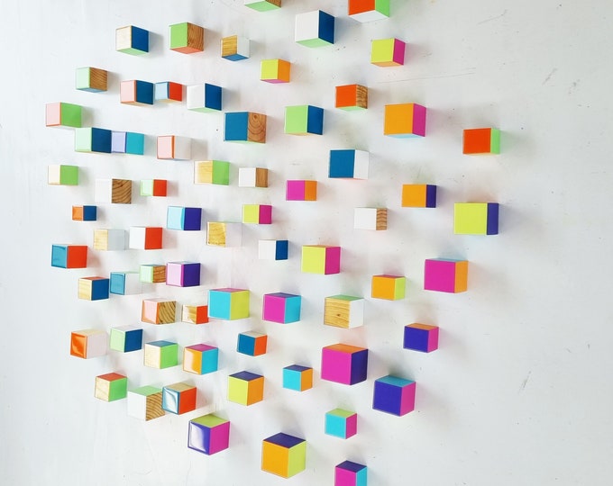 Modern Wood Cube Wall Art: Colorful Resin Finish 3D Sculpture