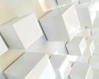 Wood art , modern and minimal design. Geometric 3 d wall art. White sculpture with resin finish on top face © (24x24")