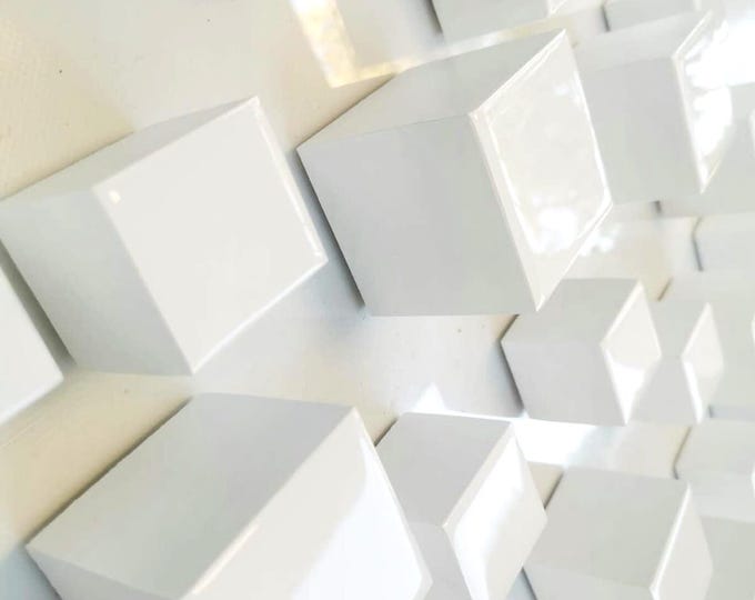 Wood art , modern and minimal design. Geometric 3 d wall art. White sculpture with resin finish on top face © (24x24")