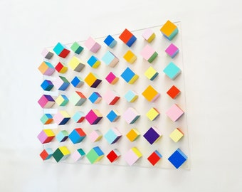 Hand Painted Cube Wall Art: Modern Geometric Wood Mosaic (34x28)