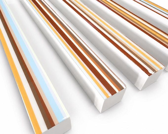 Hand-Painted Wooden Beams with Geometric Lines | Neutral Earth-Tone Wall Decor | Custom Colors | Resin Finish
