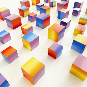 Hand-Painted Wood Cube Wall Sculpture: Modern Gradient Art