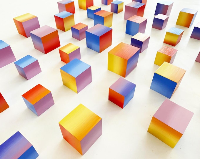 Hand painted cube packs with bright color gradients. Modern home decor 3d wood wall sculpture. Colorful wall art. Choose the number of cubes