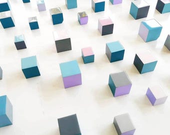 PACKS of hand painted colored wooden cubes with high quality, shiny epoxy resin front face. Choose the number of Self install wall blocks