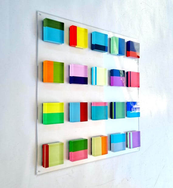 Hand Painted Acrylic Blocks, Floating 3D Geometric Wall Sculpture, Custom Lucite Installation, Colorful Modern Decor