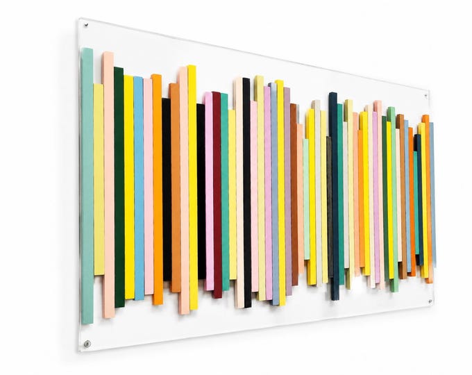 Colorful Wood Wall Sculpture, Geometric Slat Artwork, Handmade 3D Decor, Floating Contemporary Installation