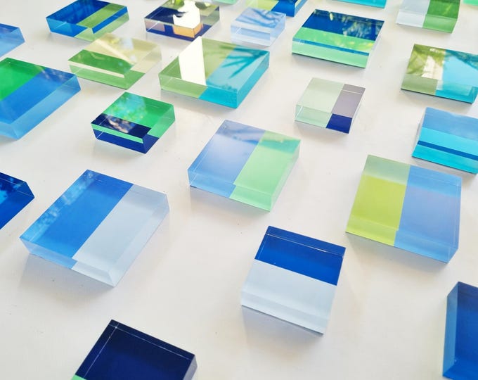 Pack of blue, green and light yellow color acrylic blocks. Easy install with double-sided tape. Choose sizes and colors. 3d modern art.