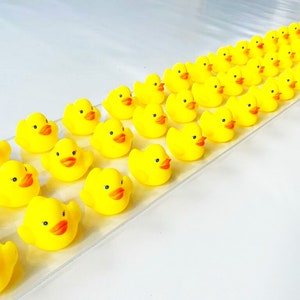 May include: A line of yellow rubber duck toys arranged in a row on a white surface. The ducks are all facing the same direction and have orange beaks and black eyes.