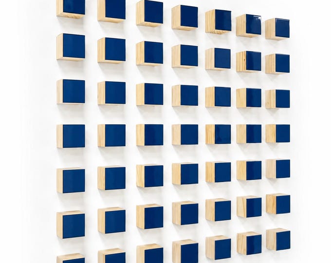 Deep Blue 3D Wood Wall Art, Handmade Geometric Cubes, Modern Resin Sculpture, Floating Contemporary Decor
