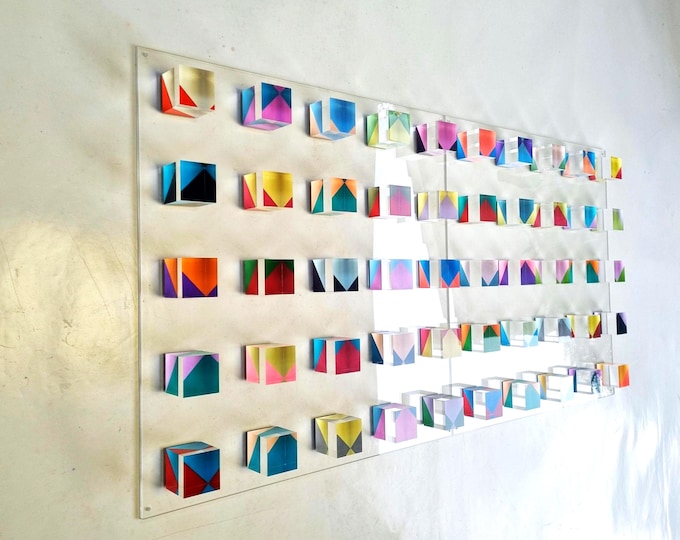Large wall art. 3d installation, hand painted acrylic cubes. Geometric wall sculpture.  Bold  translucid cube decor. Choose your colors!
