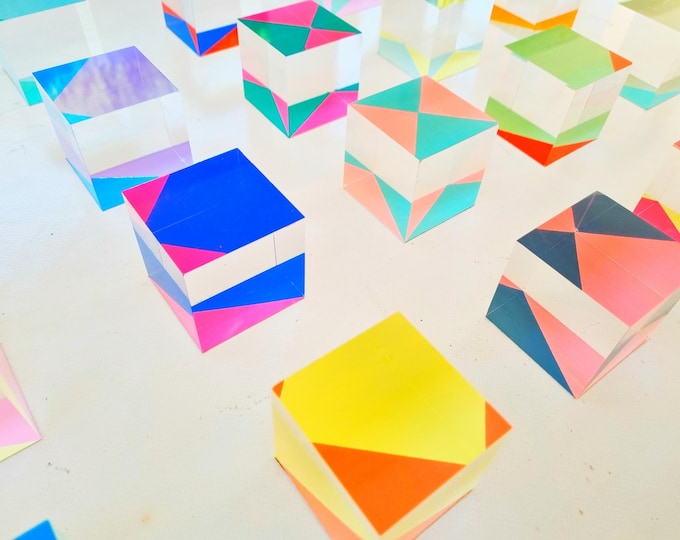 Packs of hand painted 3d wall art transparent acrylic cubes with bright colors. Choose number of cubes and colors. Wall sculpture pop art.