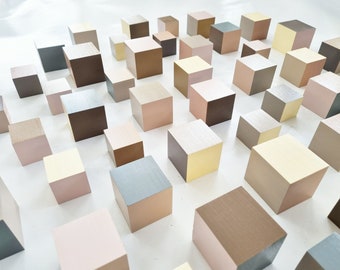 Wood wall art in natural, neutral colors. 3d installation. You can choose the number of wood cubes and sizes. PACKS of hand painted cubes.©