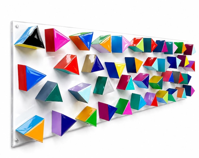 Handmade Wooden Triangle Wall Art, Colorful 3D Resin Sculpture, Floating Acrylic Panel, Modern Geometric Decor