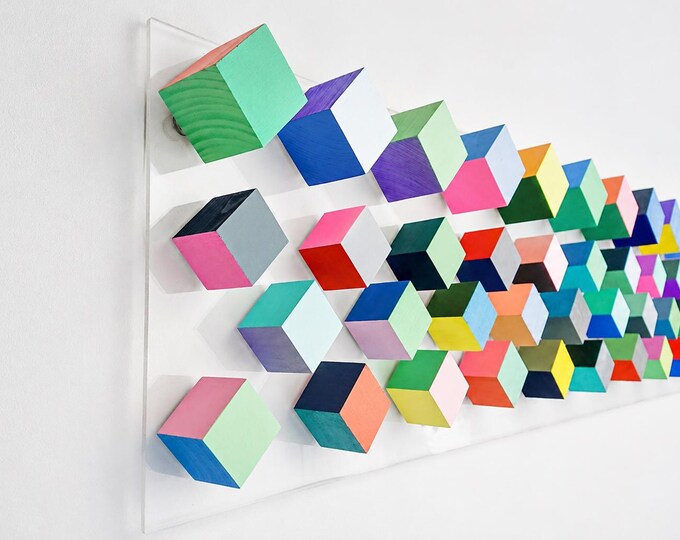 Long Narrow Wood Wall Art, Colorful Geometric Cube Sculpture, Modern 3D Wall Decor, Hand-Painted Acrylic Panel