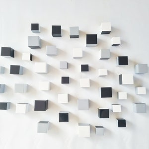 Hand Painted Wood Wall Art Cubes: Black, White & Grey Resin Finish