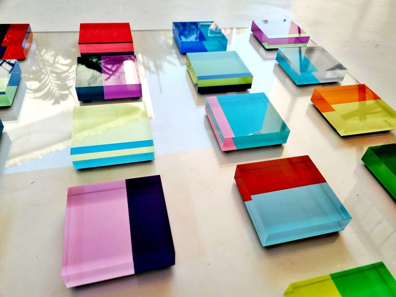 Hand Painted Acrylic Blocks, Floating 3D Geometric Wall Sculpture, Custom Lucite Installation, Colorful Modern Decor image 5