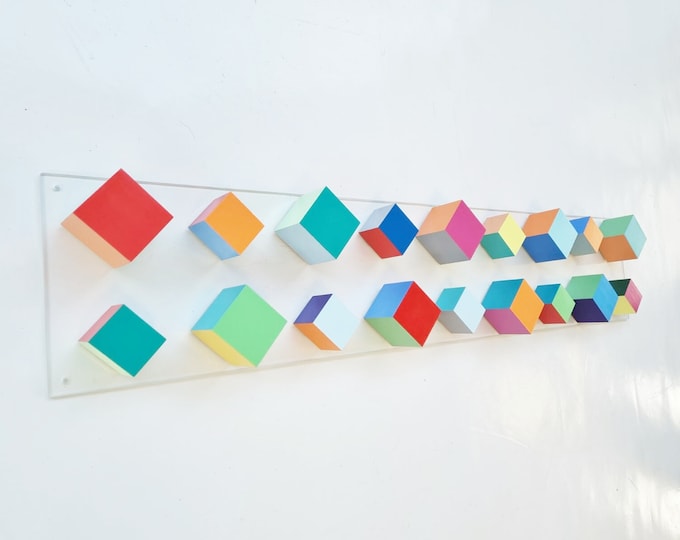 Long and narrow wood wall art. Happy and bold colors. It can be hung vertically or horizontally. © 3d art. Modern wooden art.