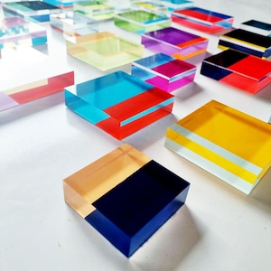 Pack of Color Blocks. Hand painted acrylic glass tiles. Easy to install Modern art. Bold bright happy colors. Floating transparent 3D art.