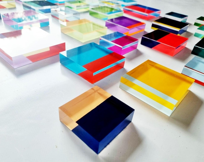 Pack of Color Blocks. Hand painted acrylic glass tiles. Easy to install Modern art. Bold bright happy colors. Floating transparent 3D art.