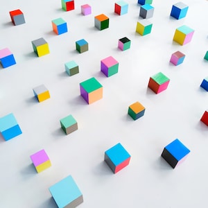 Modern Sculpture 3D wood wall art. © Hand-painted wooden cubes with vibrant bold colors. You can choose the number of wood cubes and sizes. image 4