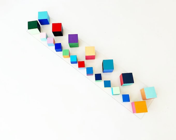 Hand Painted Wood Cube Wall Art: Colorful Modern Sculpture (41.3" X 8.1")