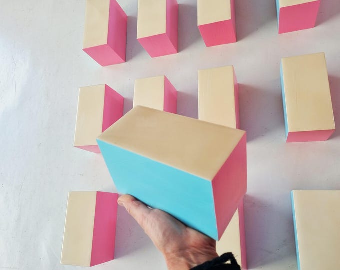 3d wood wall art. Happy and pop art installation. Hand Painted Wooden Rectangles with Resin Finish on top face. Modern Neon art sculpture. ©
