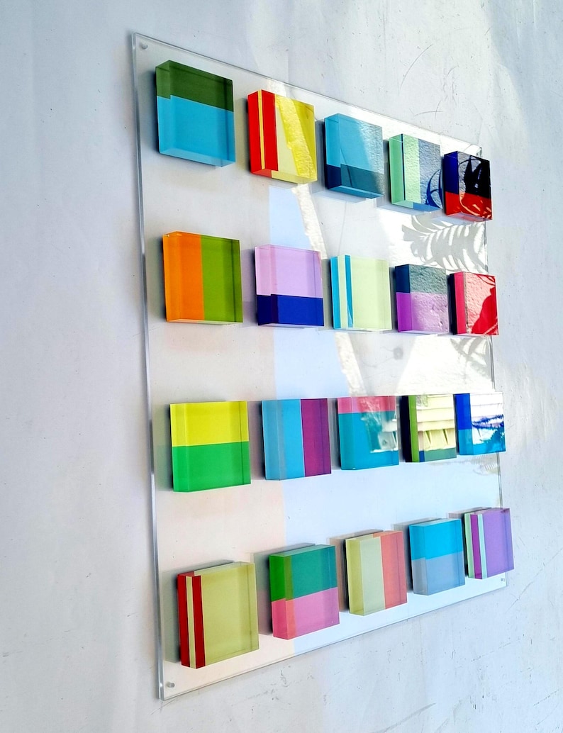 Hand Painted Acrylic Blocks, Floating 3D Geometric Wall Sculpture, Custom Lucite Installation, Colorful Modern Decor image 8