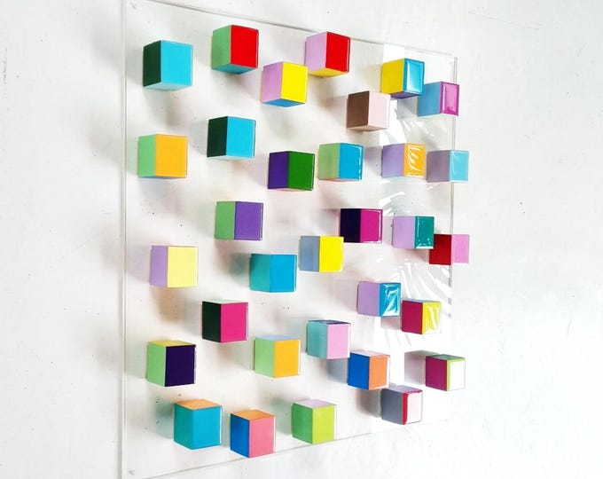 Hand-Painted Wood Cube 3D Wall Art: Modern Geometric Sculpture