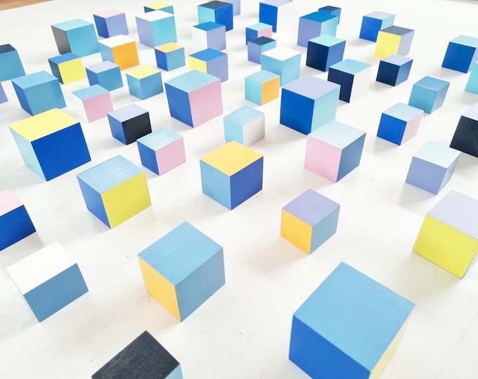 Modern sculpture 3d art. Hand painted wooden cubes in different blues. Ready to hang.You can choose the number of wood cubes and sizes